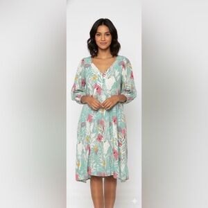 Suzanne Betro Teal Floral Long Sleeve Dress